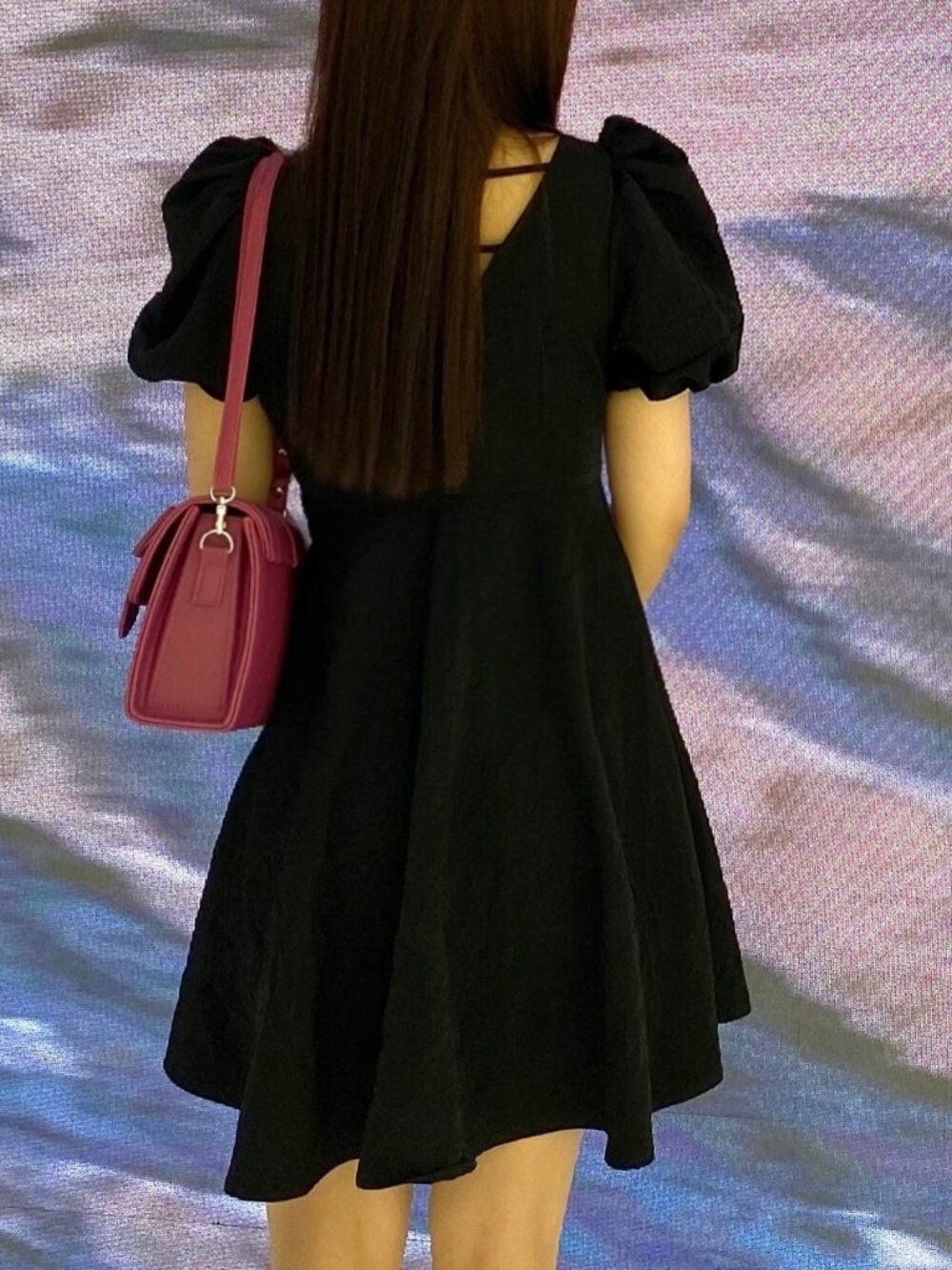 Black Puff Sleeve Bow Back Mini Dress Fits S